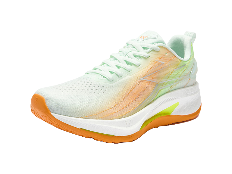 Men's running shoes, mint-green laces, white knit upper with orange stripe and neon sole