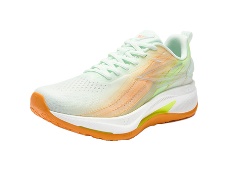 Men's running shoes, mint-green laces, white knit upper with orange stripe and neon sole