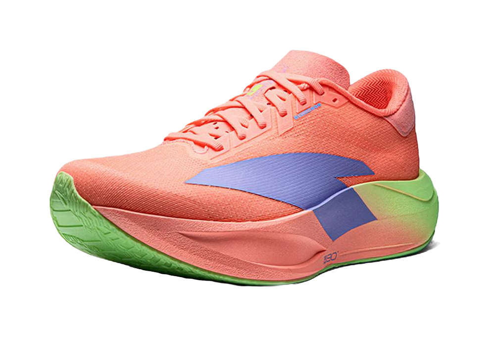 Unisex running shoe, orange knit upper with blue geometric stripe and green outsole