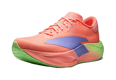 Unisex running shoe, orange knit upper with blue geometric stripe and green outsole