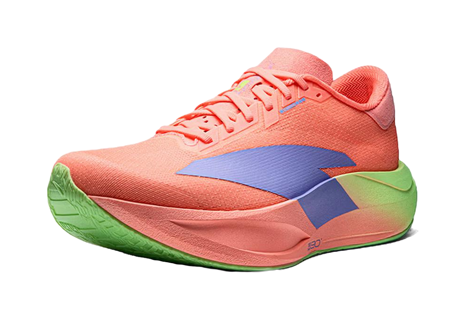 Unisex running shoe, orange knit upper with blue geometric stripe and green outsole