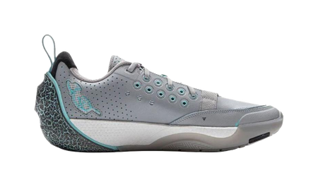 Gray blue low-top basketball shoe with teal side panels and lace-up design