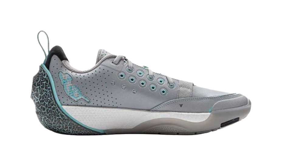 Gray blue low-top basketball shoe with teal side panels and lace-up design