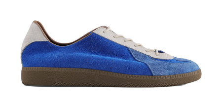 Blue low-top training sneaker with white laces and brown textured sole, profile.