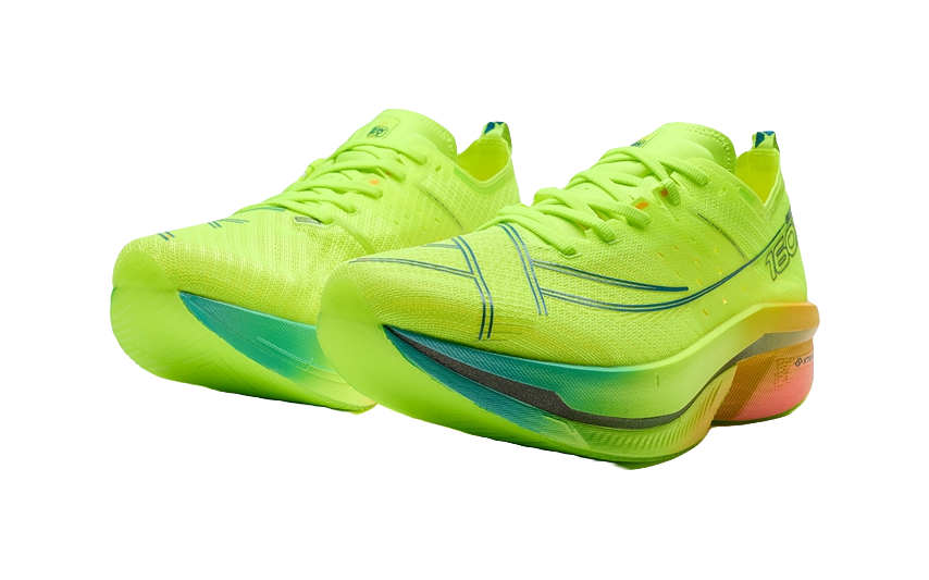 Neon green low-top running shoes, front and side angles with blue trim accents