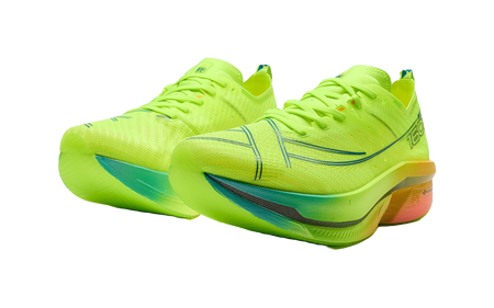 Neon green low-top running shoes, front and side angles with blue trim accents