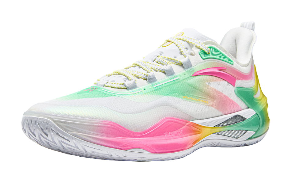 White low-cut basketball shoe with multicolor panels (green, pink, yellow) and laces.