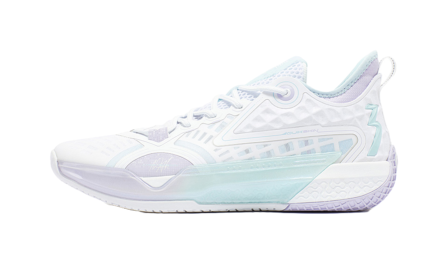 Unisex basketball shoe in white with light blue accents, lace-up athletic sneaker.