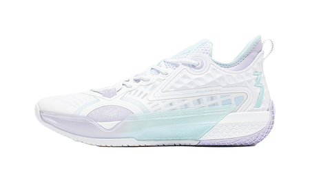 Unisex basketball shoe in white with light blue accents, lace-up athletic sneaker.