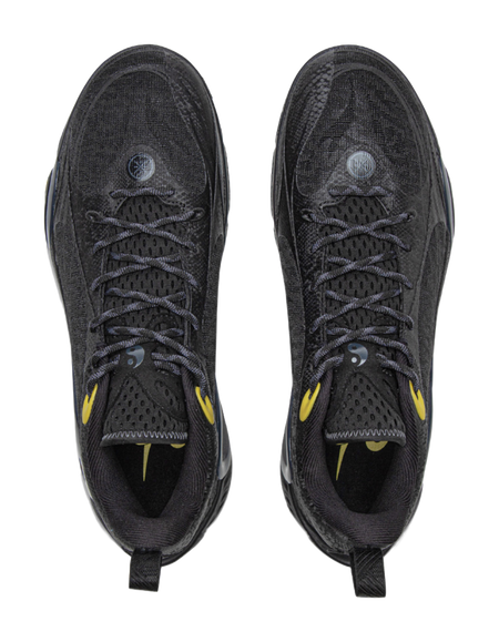 Black basketball shoes with lace-up fronts and breathable textured uppers