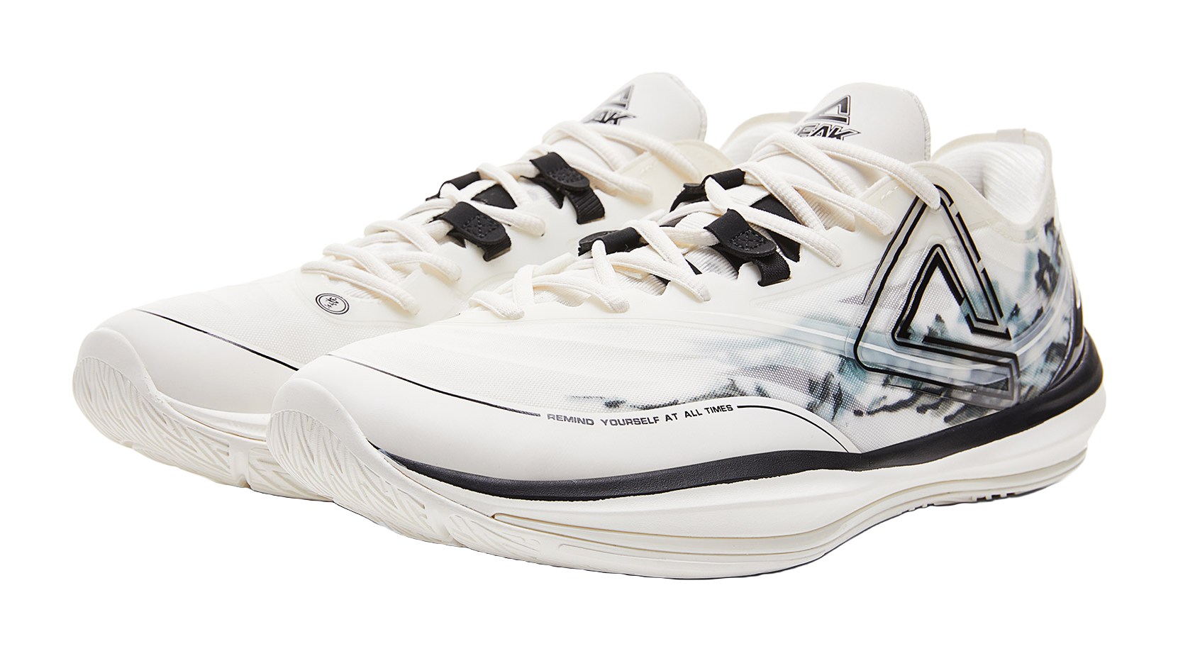 Lightweight basketball shoe, cream upper with black strap details and blue-gray side graphic