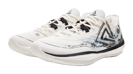 Lightweight basketball shoe, cream upper with black strap details and blue-gray side graphic