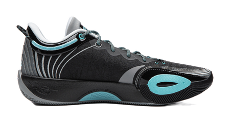 Black basketball shoe angled side view with teal logo and zebra-like trim