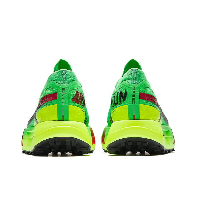 Neon green running shoes rear view with black tread outsole and red/green heel details