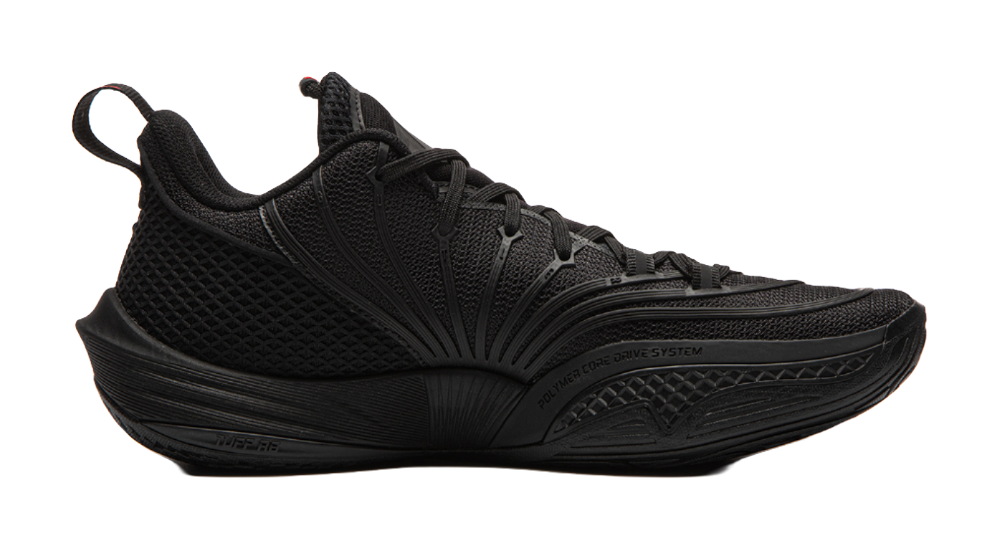 Black basketball shoe side view with lace-up mesh upper and curved midsole
