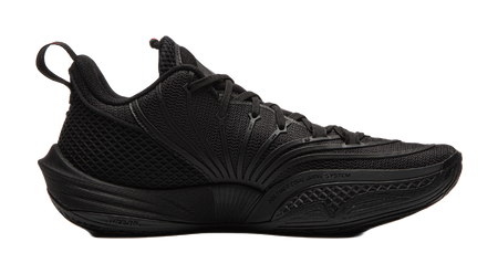 Black basketball shoe side view with lace-up mesh upper and curved midsole