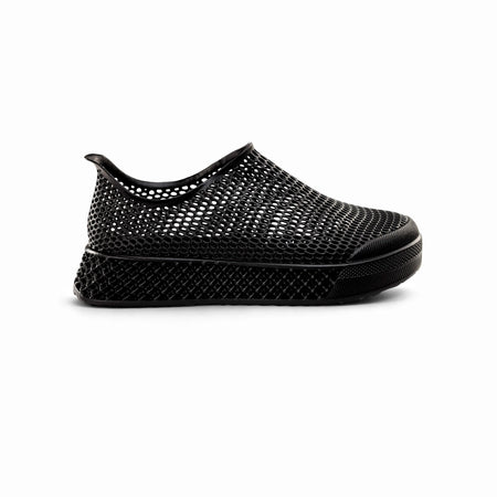 Black 3D-printed casual sneakers, mesh knit slip-on upper with black rubber sole