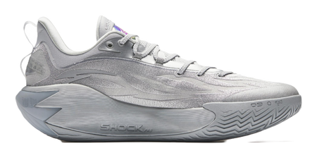 Metallic grey basketball shoe, side view with textured sole and lace-up upper