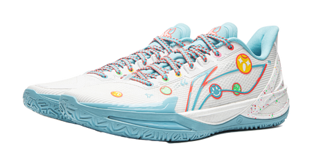 Basketball shoe, white knit upper with light-blue heel and red-blue laces, side angle