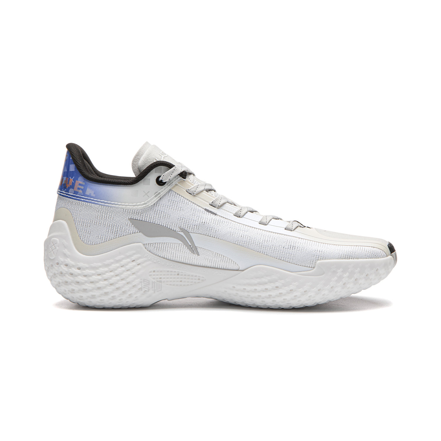 White basketball shoe with black sole edge and blue side panel near collar