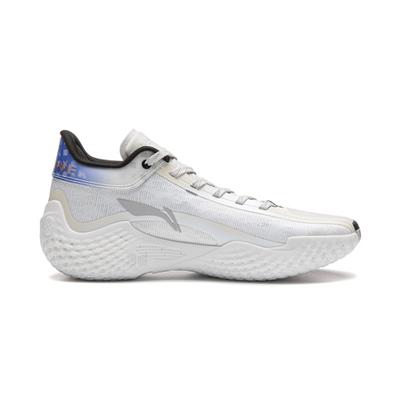 White basketball shoe with black sole edge and blue side panel near collar