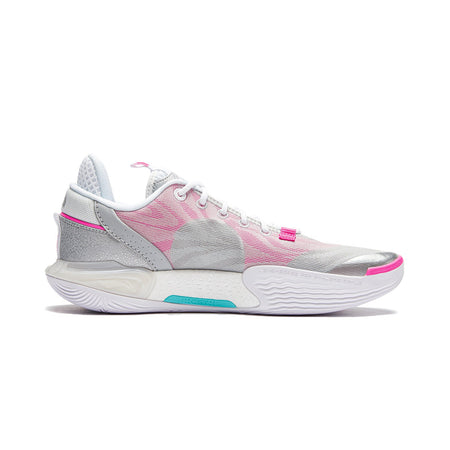 Basketball shoes with silver-gray upper, pink and teal details, lace-up, cushioned sole