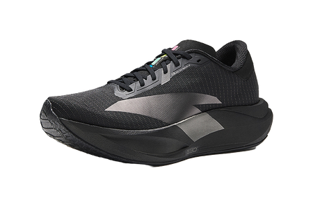 Black lace-up running shoe with gray overlays and small multicolor accents on tongue