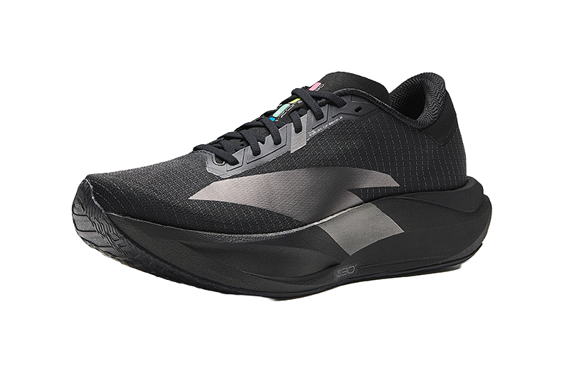 Black lace-up running shoe with gray overlays and small multicolor accents on tongue