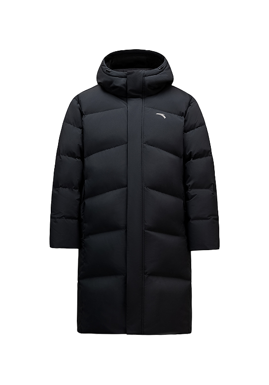 Men's black long puffer down jacket with full-zip front and hood