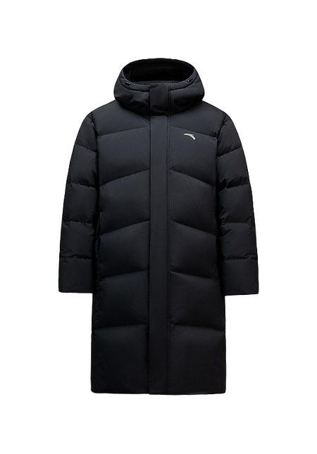 Men's black long puffer down jacket with full-zip front and hood