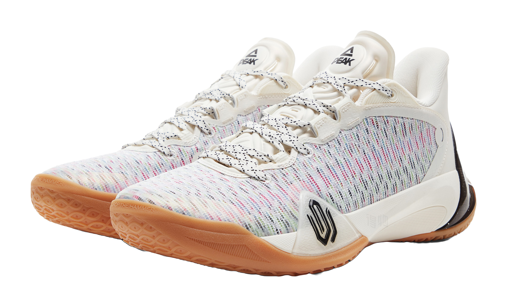 White basketball shoe with multicolor knit upper, black accents, gum outsole