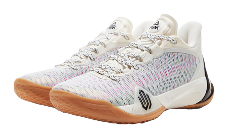 White basketball shoe with multicolor knit upper, black accents, gum outsole