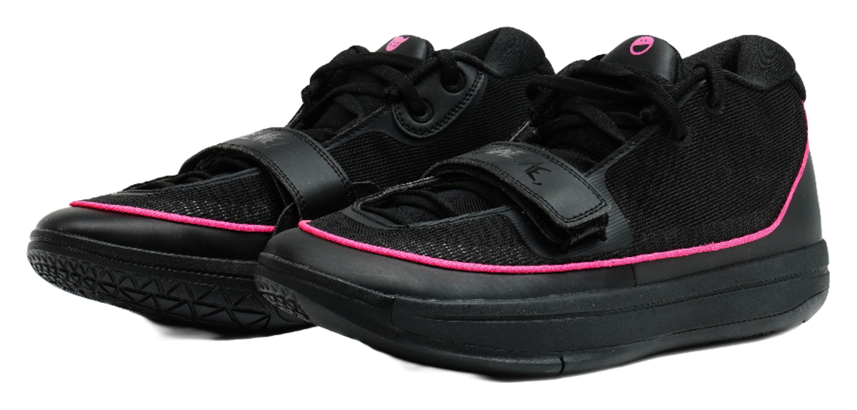 Pair of black basketball shoes with pink piping, lace-up, and padded ankle