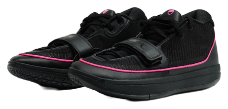 Pair of black basketball shoes with pink piping, lace-up, and padded ankle