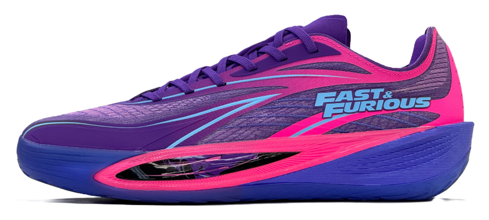 Purple lace-up basketball shoe with pink stripes, blue sole, and 'Fast & Furious' logo