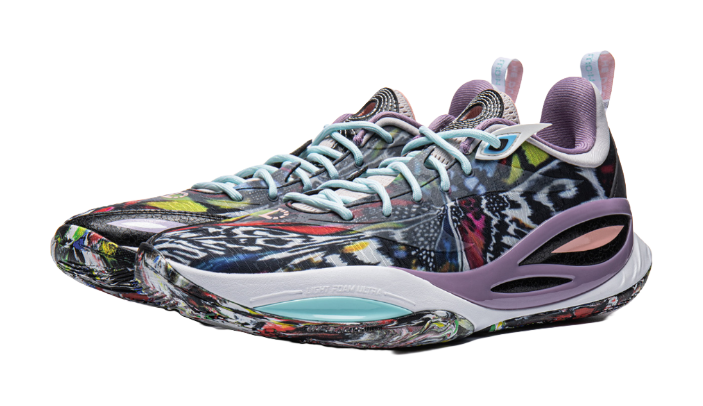 Basketball shoe front 3/4 view, multicolor graphic upper, purple side panel