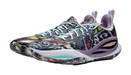 Basketball shoe front 3/4 view, multicolor graphic upper, purple side panel