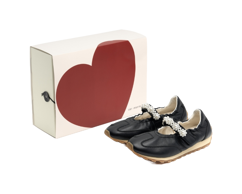 Black Mary Jane flat shoes with pearl beaded strap detail on tan rubber sole