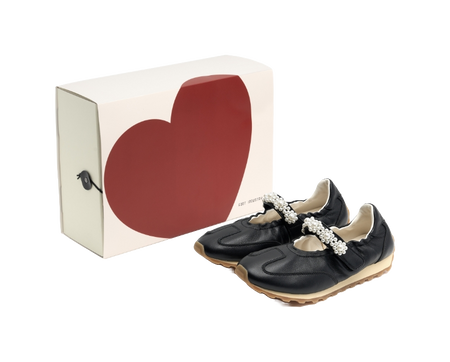 Black Mary Jane flat shoes with pearl beaded strap detail on tan rubber sole