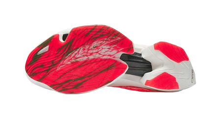 Women’s low-top running shoe outsole side view, white base with red panel accents