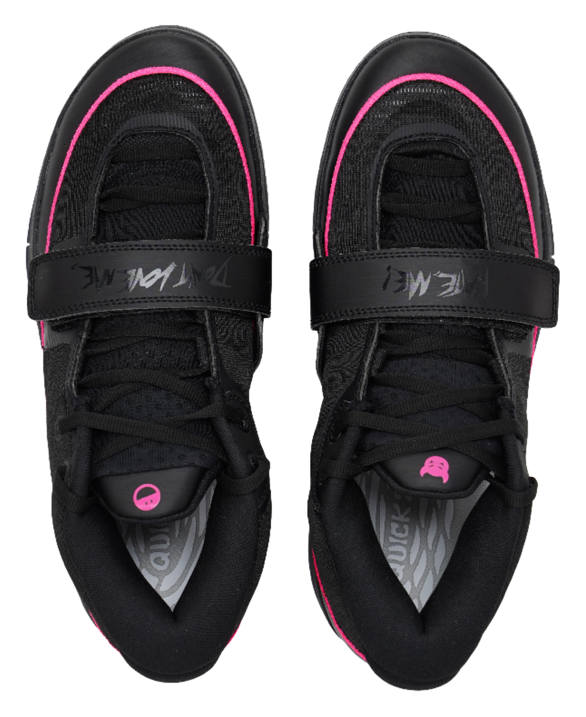Black sneakers with pink-trim collar, lace-up front, and interior logo