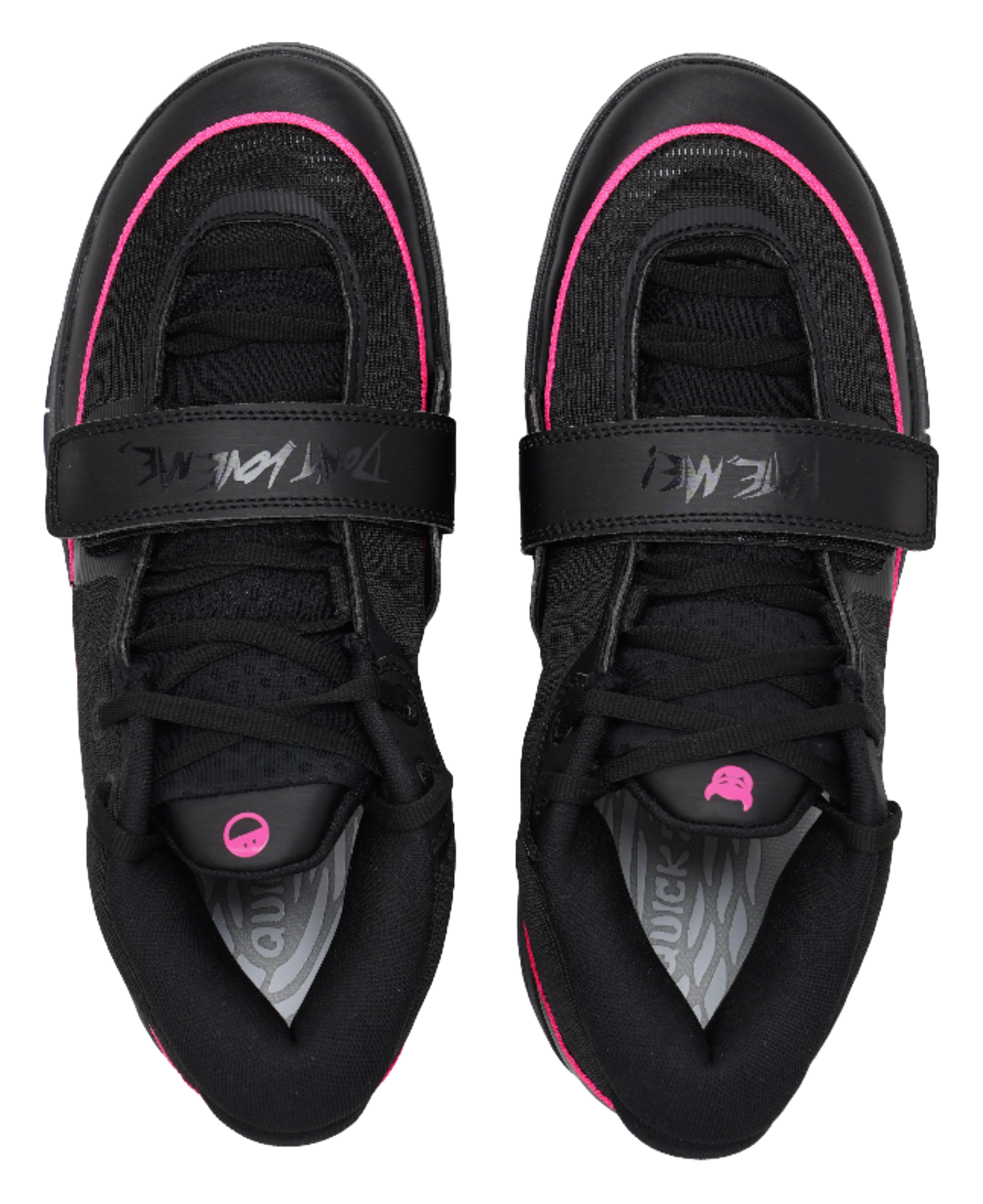 Black sneakers with pink-trim collar, lace-up front, and interior logo
