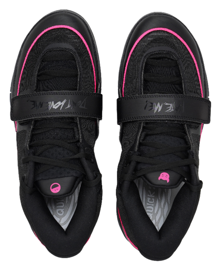 Black sneakers with pink-trim collar, lace-up front, and interior logo