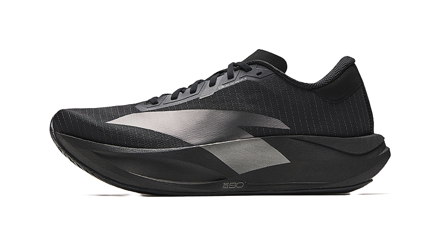 Black lace-up running shoe with gray overlays, textured knit upper, cushioned sole