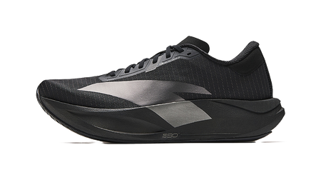 Black lace-up running shoe with gray overlays, textured knit upper, cushioned sole
