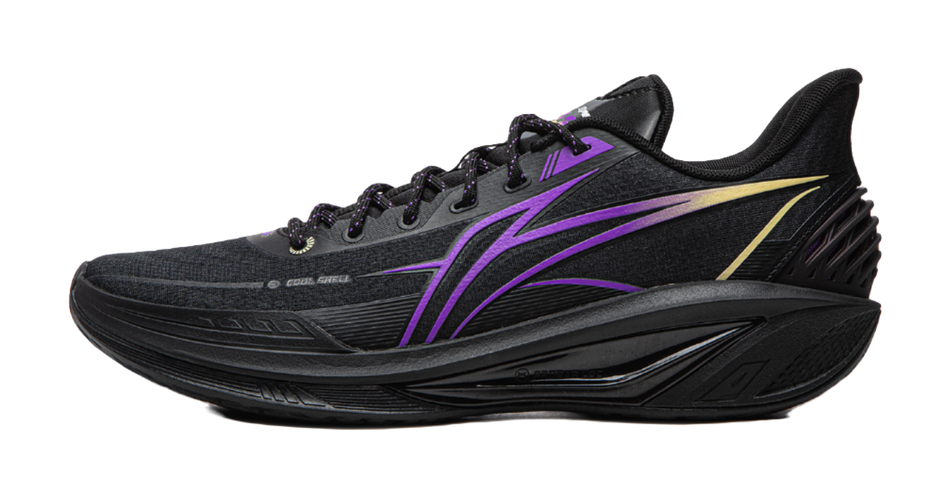 Black and purple basketball shoe with lace-up front and cushioned sole