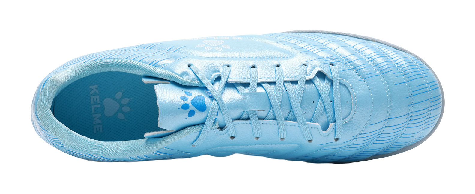 Sky blue unisex TF turf soccer shoe top view with KELME and paw-pattern accents