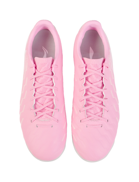 Pair of unisex turf soccer shoes, pinkish mesh uppers, lace closure, TPU studs