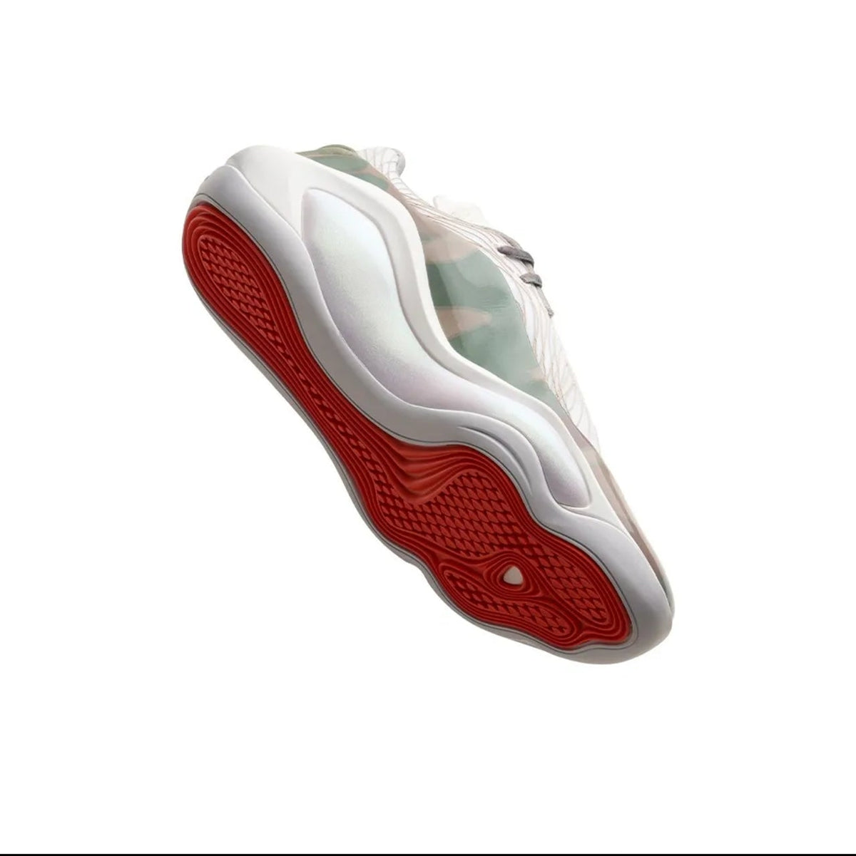 A white and translucent mint green sneaker with a red textured outsole, shown from a side angle on a white background.