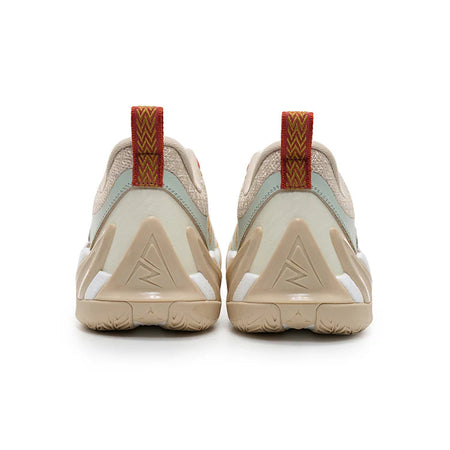 Pair of men's basketball shoes, beige and light blue with red pull tabs